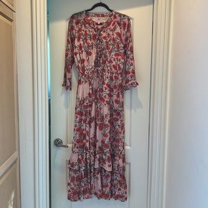 Banjanan Red Pink Floral Ruffle Dress - Large
